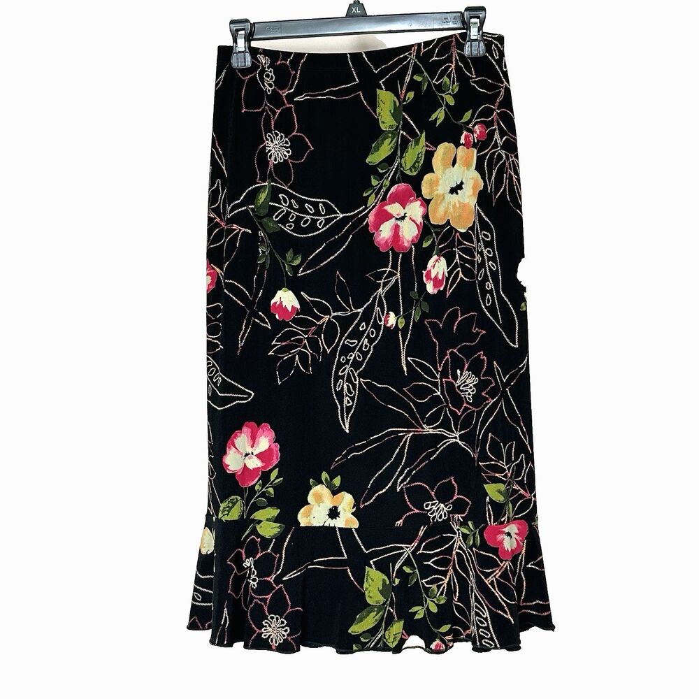 Mirasol Skirt Lg Midi Stretch Pull On Bold Dark Floral Cottage Office Botanical